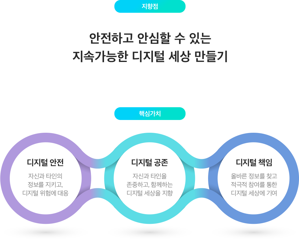 지향점 안전하고 안심할 수 있는 지속가능한 디지털 세상 만들기 핵심가치 디지털 안전:자신과 타인의 정보를 지키고, 디지털 위험에 대응 디지털 공존:자신과 타인을 존중하고, 함께하는 디지털 세상을 지향 디지털 책임:올바른 정보를 찾고 적극적 참여를 통한 디지털 세상에 기여