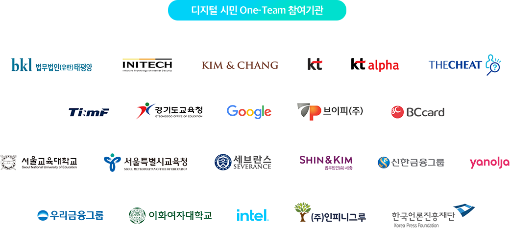 디지털 시민 One-Team 참여기관: bkl 법무법인(유한) 태평양, INITECH, KIM&CHANG, kt, kt alpha, THECHEAT, TimF,경기도교육청, Google, 브이피(주), BCard, 서울대학교, 서울특별시교육청, 세브란스, SHIN&KIM, 신한금융그룹, yanolja, 우리금융그룹, 이화여자대학교, intel, (주)인피니그루, 한국언론진흥재단